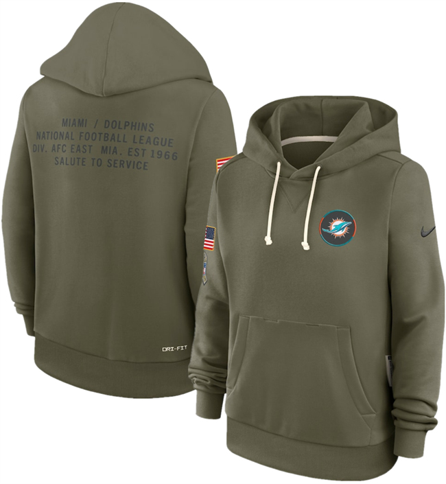 Women's Miami Dolphins Olive 2025 Salute to Service Sideline Standard Issue Dri-FIT Hoodie(Run Small) Women's Miami Dolphins Olive 2025 Salute to Service Sideline Standard Issue Dri-FIT Hoodie(Run Small)