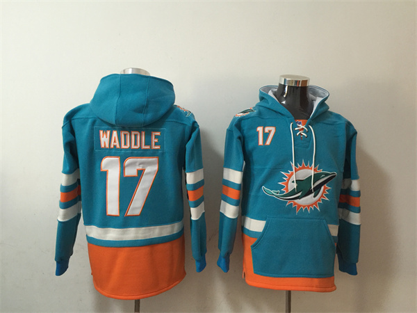 Men's Miami Dolphins #17 Jaylen Waddle Aqua Lace-Up Pullover Hoodie Men's Miami Dolphins #17 Jaylen Waddle Aqua Lace-Up Pullover Hoodie