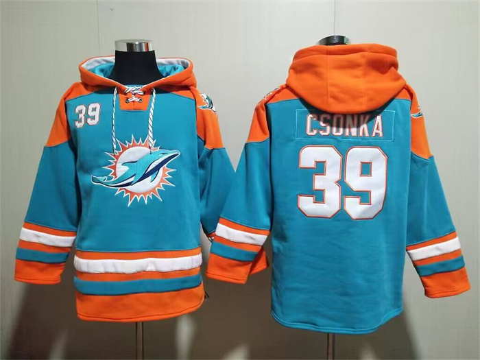 Men's Miami Dolphins #39 Larry Csonka Aqua Lace-Up Pullover Hoodie Men's Miami Dolphins #39 Larry Csonka Aqua Lace-Up Pullover Hoodie