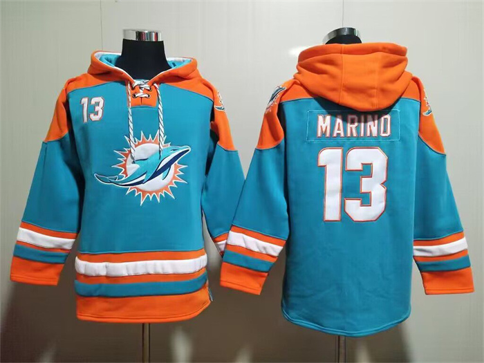 Men's Miami Dolphins #13 Dan Marino Aqua Lace-Up Pullover Hoodie Men's Miami Dolphins #13 Dan Marino Aqua Lace-Up Pullover Hoodie