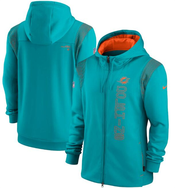 Men's Miami Dolphins 2021 Aqua Sideline Team Performance Full-Zip Hoodie Men's Miami Dolphins 2021 Aqua Sideline Team Performance Full-Zip Hoodie
