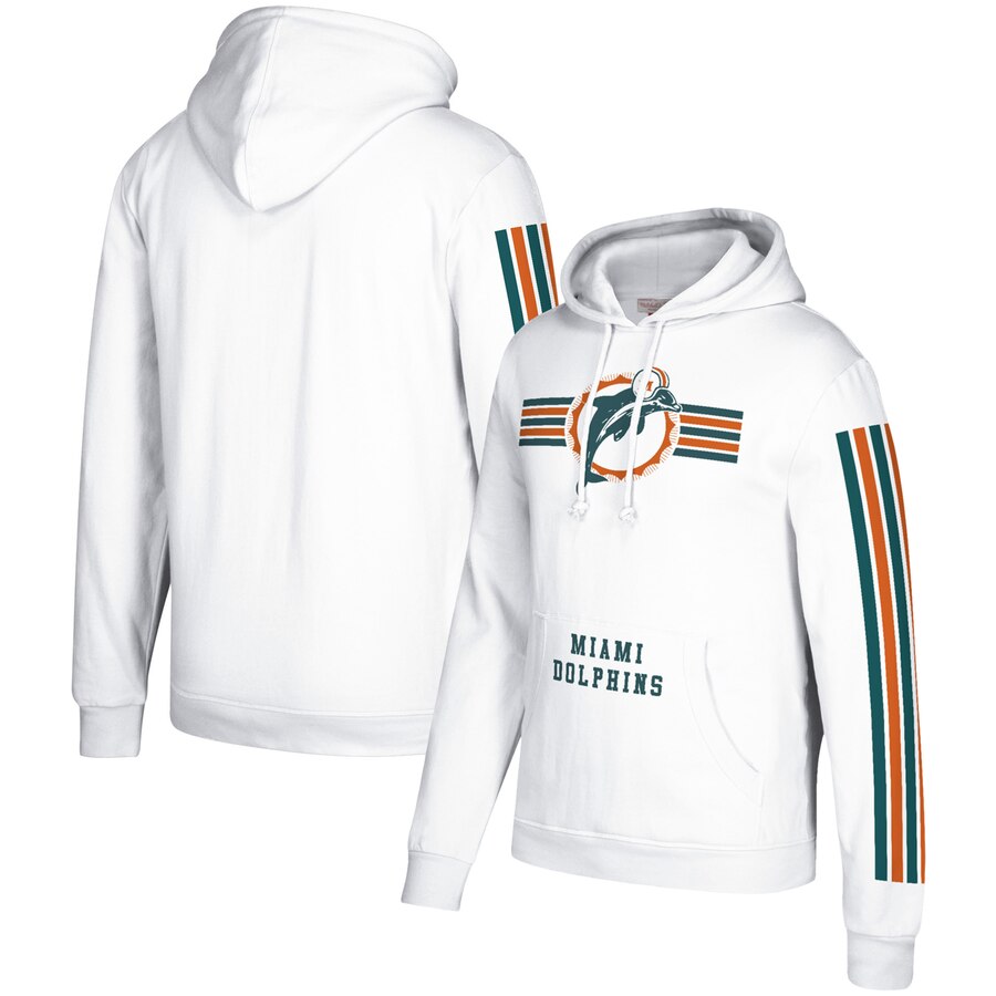 Miami Dolphins Mitchell & Ness Three Stripe Pullover Hoodie White Miami Dolphins Mitchell & Ness Three Stripe Pullover Hoodie White