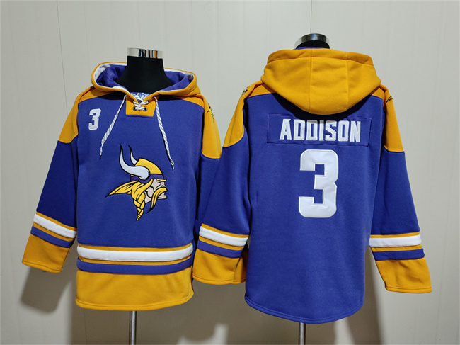 Men's Minnesota Vikings #3 Jordan Addison Purple Yellow Ageless Must-Have Lace-Up Pullover Hoodie Men's Minnesota Vikings #3 Jordan Addison Purple Yellow Ageless Must-Have Lace-Up Pullover Hoodie