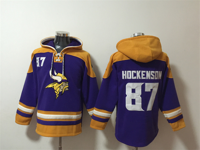 Men's Minnesota Vikings #87 T.J. Hockenson Purple Yellow Ageless Must-Have Lace-Up Pullover Hoodie Men's Minnesota Vikings #87 T.J. Hockenson Purple Yellow Ageless Must-Have Lace-Up Pullover Hoodie
