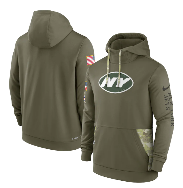 Men's New York Jets 2022 Olive Salute To Service Therma Performance Pullover Hoodie Men's New York Jets 2022 Olive Salute To Service Therma Performance Pullover Hoodie