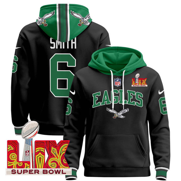 Men's Philadelphia Eagles #6 DeVonta Smith Black 2025 Super Bowl LIX Patch Pullover Stitched Hoodie Men's Philadelphia Eagles #6 DeVonta Smith Black 2025 Super Bowl LIX Patch Pullover Stitched Hoodie