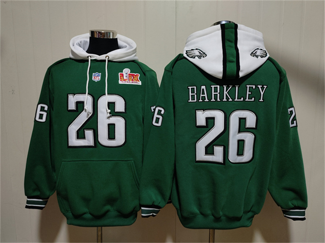 Men's Philadelphia Eagles #26 Saquon Barkley Green Super Bowl LIX Pullover Hoodie Men's Philadelphia Eagles #26 Saquon Barkley Green Super Bowl LIX Pullover Hoodie