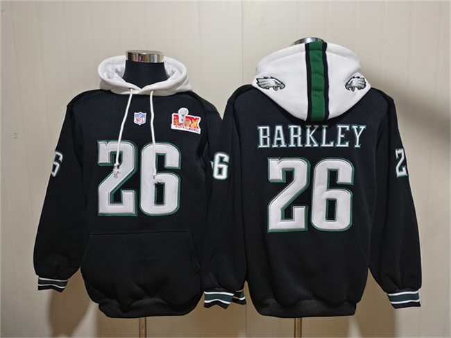 Men's Philadelphia Eagles #26 Saquon Barkley BLACK Super Bowl LIX Pullover Hoodie Men's Philadelphia Eagles #26 Saquon Barkley BLACK Super Bowl LIX Pullover Hoodie