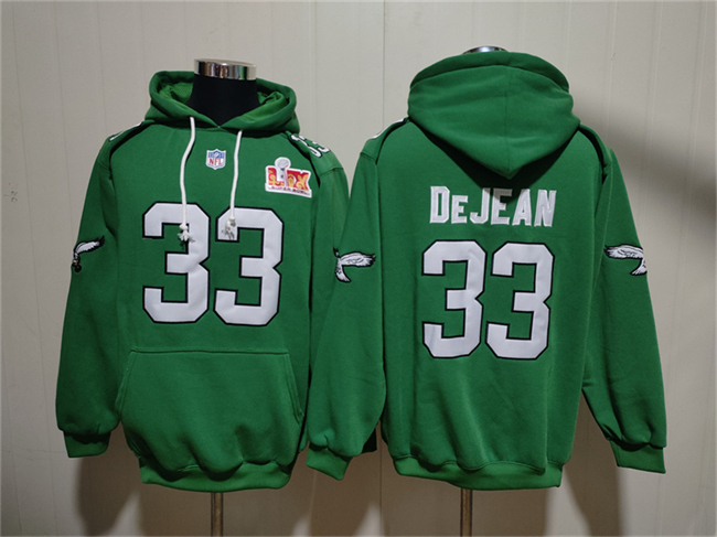 Men's Philadelphia Eagles #33 Cooper DeJean Green Super Bowl LIX Pullover Hoodie Men's Philadelphia Eagles #33 Cooper DeJean Green Super Bowl LIX Pullover Hoodie