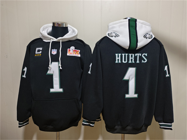 Men's Philadelphia Eagles #1 Jalen Hurts Black Super Bowl LIX Pullover Hoodie Men's Philadelphia Eagles #1 Jalen Hurts Black Super Bowl LIX Pullover Hoodie