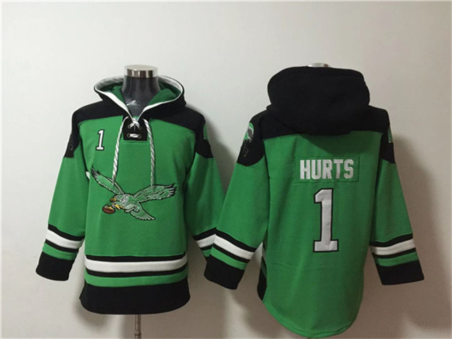 Men's Philadelphia Eagles #1 Jalen Hurts Green Ageless Must-Have Lace-Up Pullover HoodieS Men's Philadelphia Eagles #1 Jalen Hurts Green Ageless Must-Have Lace-Up Pullover HoodieS