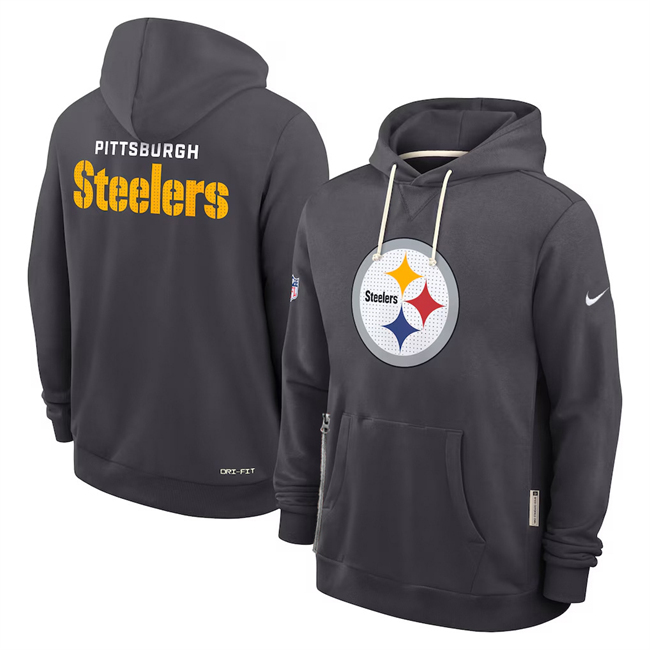 Men's Pittsburgh Steelers Anthracite Sideline Standard Issue Initial Home Dri-FIT Pullover Hoodie Men's Pittsburgh Steelers Anthracite Sideline Standard Issue Initial Home Dri-FIT Pullover Hoodie