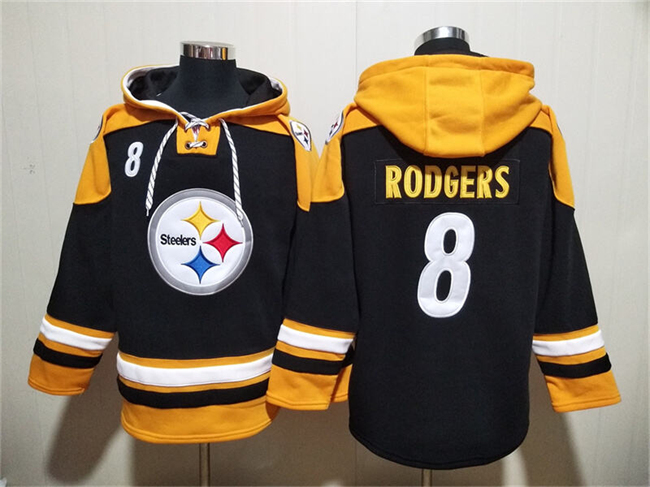 Men's Pittsburgh Steelers #8 Aaron Rodgers Black Ageless Must-Have Lace-Up Pullover Hoodie Men's Pittsburgh Steelers #8 Aaron Rodgers Black Ageless Must-Have Lace-Up Pullover Hoodie