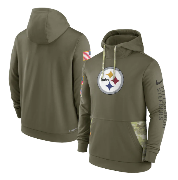 Men's Pittsburgh Steelers 2022 Olive Salute To Service Therma Performance Pullover Hoodie Men's Pittsburgh Steelers 2022 Olive Salute To Service Therma Performance Pullover Hoodie