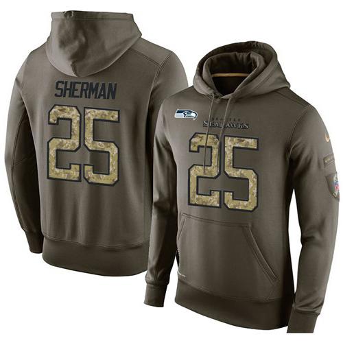 NFL Men's Nike Seattle Seahawks #25 Richard Sherman Stitched Green Olive Salute To Service KO Performance Hoodie NFL Men's Nike Seattle Seahawks #25 Richard Sherman Stitched Green Olive Salute To Service KO Performance Hoodie