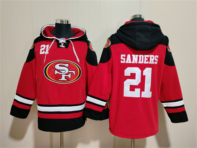 Men's San Francisco 49ers #21 Deion Sanders Red Black Ageless Must-Have Lace-Up Pullover Hoodie Men's San Francisco 49ers #21 Deion Sanders Red Black Ageless Must-Have Lace-Up Pullover Hoodie