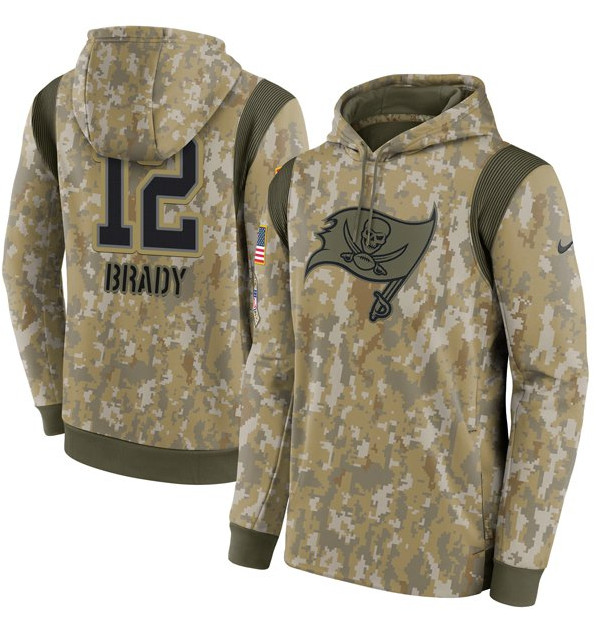 Men's Tampa Bay Buccaneers #12 Tom Brady Camo 2021 Salute To Service Therma Performance Pullover Hoodie Men's Tampa Bay Buccaneers #12 Tom Brady Camo 2021 Salute To Service Therma Performance Pullover Hoodie
