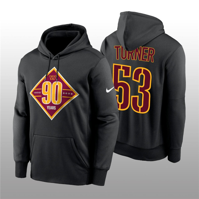 Men's Washington Commanders #53 Trai Turner Black 90th Anniversary Performance Pullover Hoodie Men's Washington Commanders #53 Trai Turner Black 90th Anniversary Performance Pullover Hoodie
