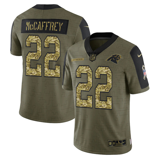 Men's Carolina Panthers #22 Christian McCaffrey 2021 Olive Camo Salute To Service Limited Stitched Jersey Men's Carolina Panthers #22 Christian McCaffrey 2021 Olive Camo Salute To Service Limited Stitched Jersey