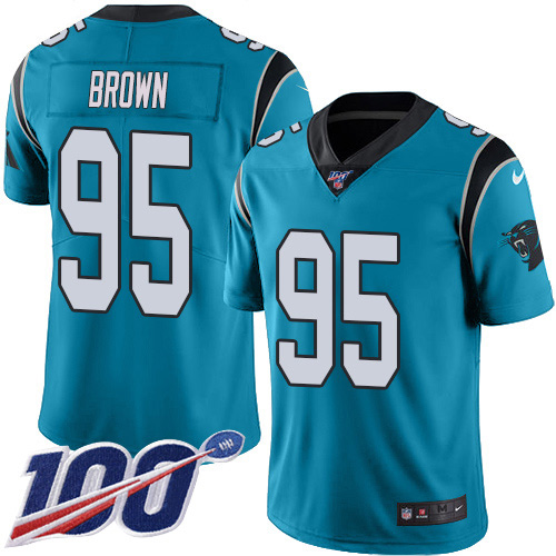 Nike Panthers #95 Derrick Brown Blue Men's Stitched NFL Limited Rush 100th Season Jersey Nike Panthers #95 Derrick Brown Blue Men's Stitched NFL Limited Rush 100th Season Jersey