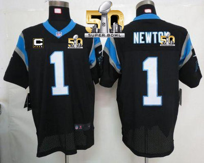 Nike Panthers #1 Cam Newton Black Team Color With C Patch Super Bowl 50 Men's Stitched NFL Elite Jersey