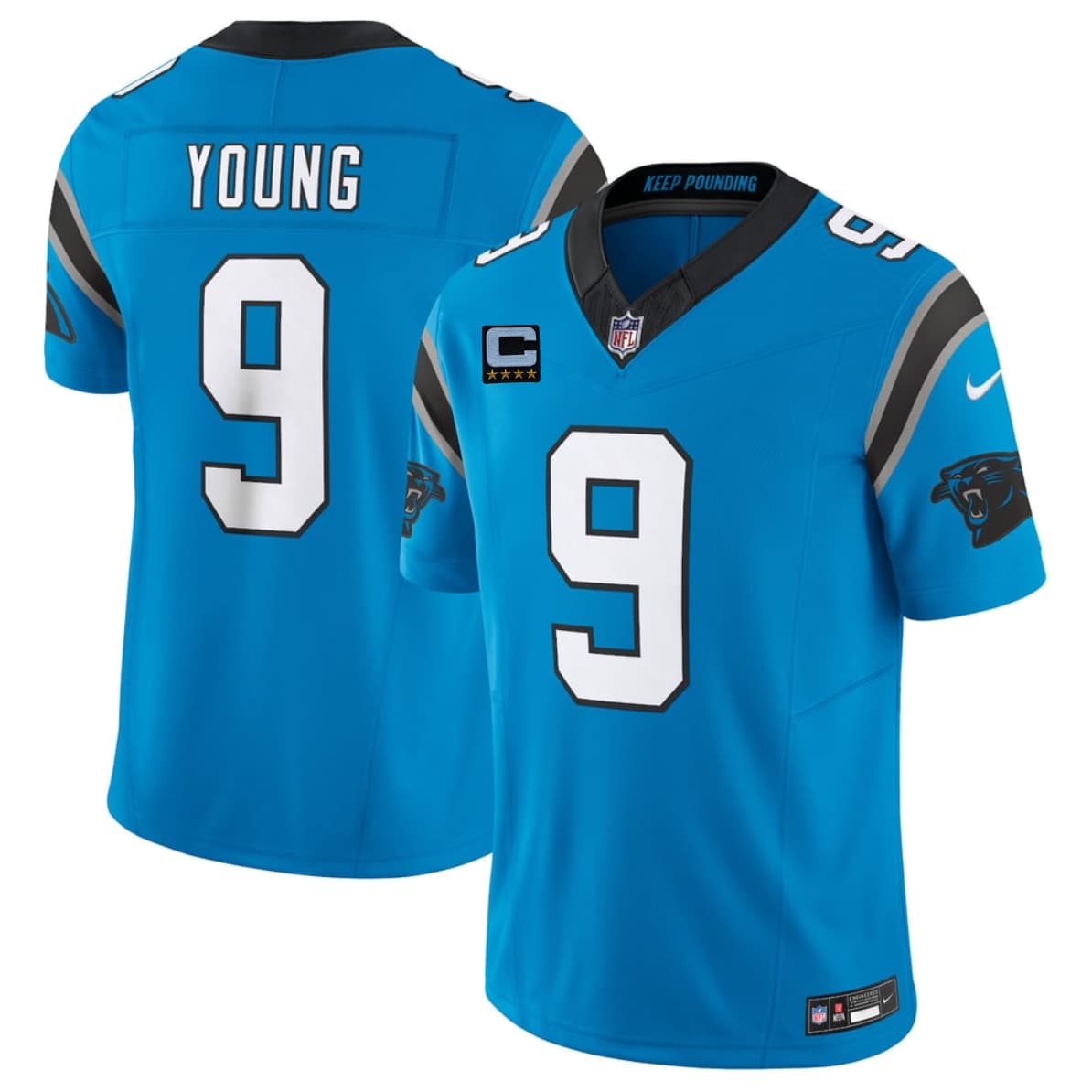 Men's Carolina Panthers #9 Bryce Young Blue 2026 F.U.S.E. 4-Star C Patch Vapor Limited Stitched Football Jersey