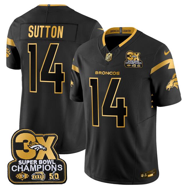 Men's Denver Broncos #14 Courtland Sutton Black Gold F.U.S.E. 3-Time Champions Patch Vapor Limited Stitched Football Jersey Men's Denver Broncos #14 Courtland Sutton Black Gold F.U.S.E. 3-Time Champions Patch Vapor Limited Stitched Football Jersey