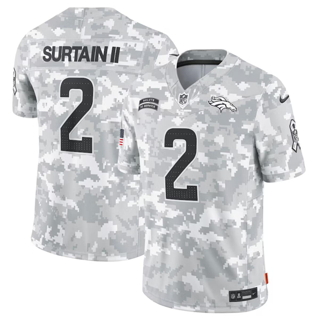 Men's Denver Broncos #2 Patrick Surtain II 2024 Arctic Camo Salute To Service Limited Stitched Football Jersey Men's Denver Broncos #2 Patrick Surtain II 2024 Arctic Camo Salute To Service Limited Stitched Football Jersey