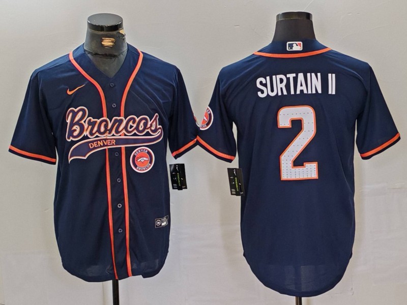 Men's Denver Broncos #2 Pat Surtain II Navy Cool Base Stitched Baseball Jersey 2 Men's Denver Broncos #2 Pat Surtain II Navy Cool Base Stitched Baseball Jersey 2