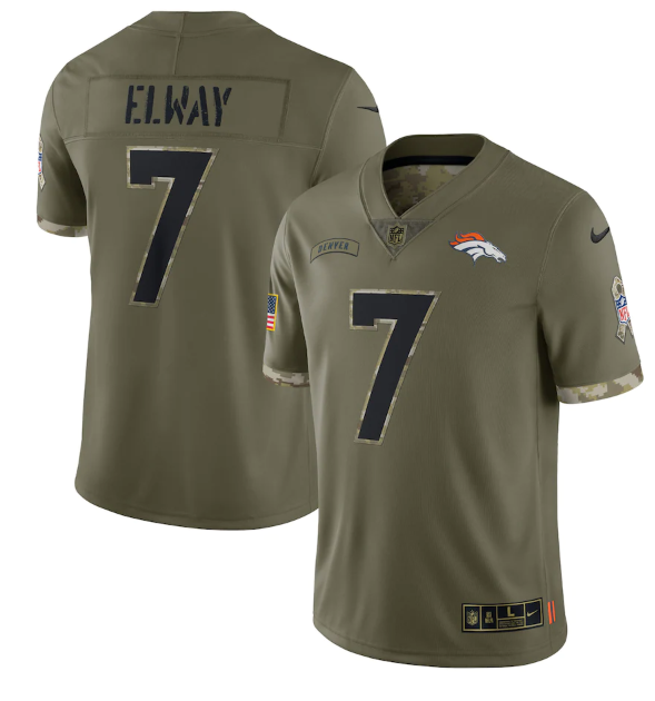Men's Denver Broncos #7 John Elway Olive 2022 Salute To Service Limited Stitched Jersey Men's Denver Broncos #7 John Elway Olive 2022 Salute To Service Limited Stitched Jersey
