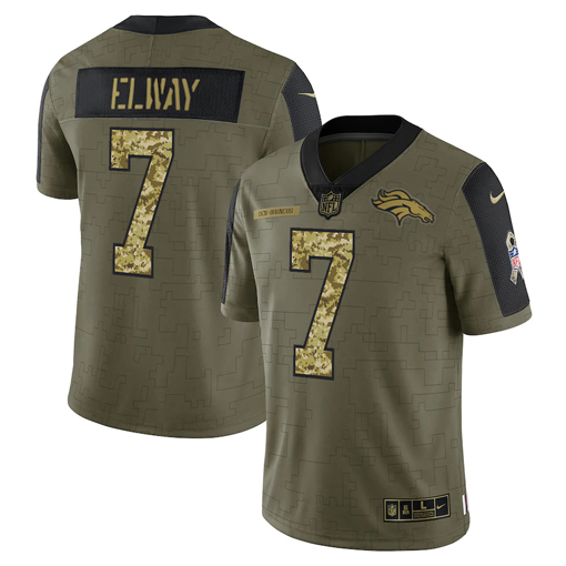 Men's Denver Broncos #7 John Elway 2021 Olive Camo Salute To Service Limited Stitched Jersey Men's Denver Broncos #7 John Elway 2021 Olive Camo Salute To Service Limited Stitched Jersey