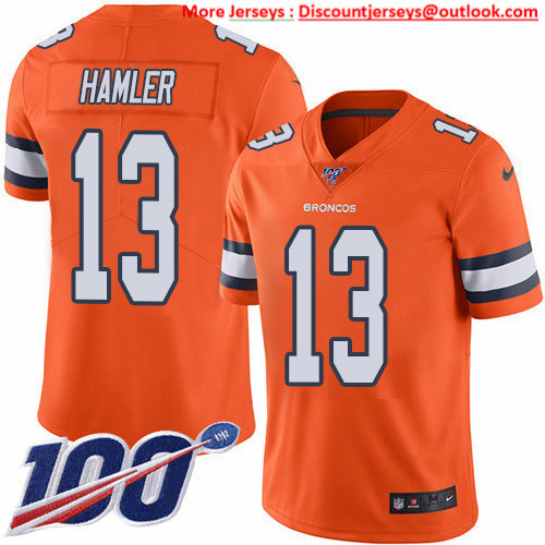 Nike Broncos #13 KJ Hamler Orange Men's Stitched NFL Limited Rush 100th Season Jersey Nike Broncos #13 KJ Hamler Orange Men's Stitched NFL Limited Rush 100th Season Jersey