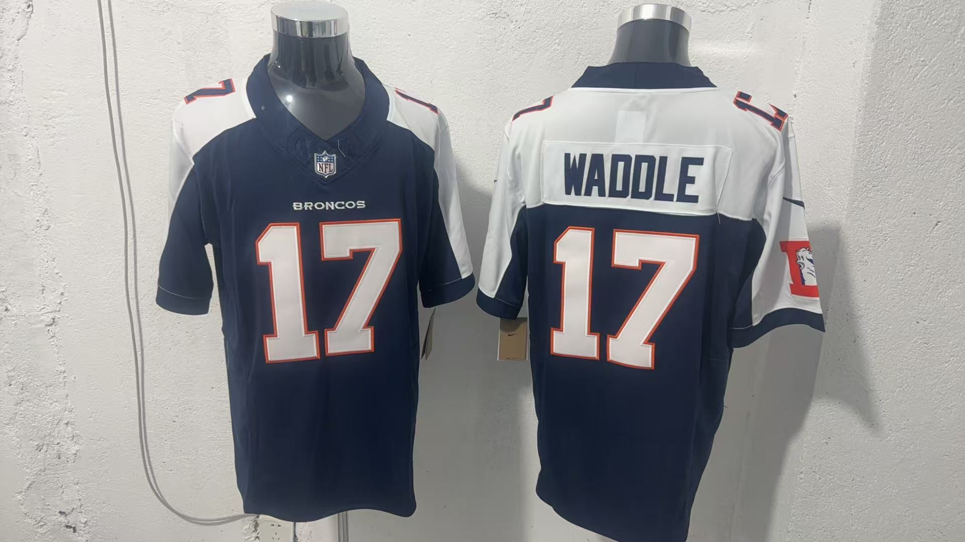 Men's Denver Broncos #17 Jaylen Waddle Navy White 2026 Vapor Limited Stitched Football Jersey