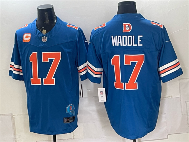 Men's Denver Broncos #17 Jaylen Waddle Blue F.U.S.E. With 2-Star C Patch Throwback Vapor Limited Stitched Football Jersey