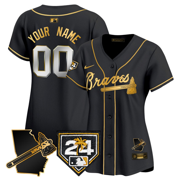 Women's Atlanta Braves Active Player Custom Black Gold 2024 Spring Training & Georgia Patch Vapor Limited Stitched Baseball Jersey(Run Small) Women's Atlanta Braves Active Player Custom Black Gold 2024 Spring Training & Georgia Patch Vapor Limited Stitched Baseball Jersey(Run Small)