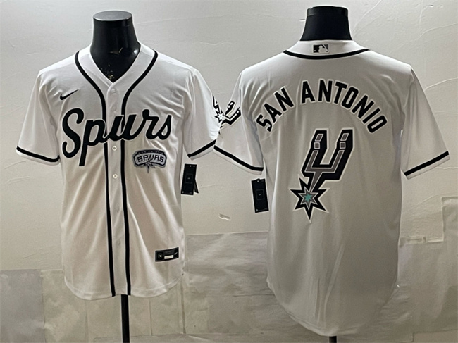 Men's San Antonio Spurs Team Big Logo White Stitched Baseball Jersey Men's San Antonio Spurs Team Big Logo White Stitched Baseball Jersey