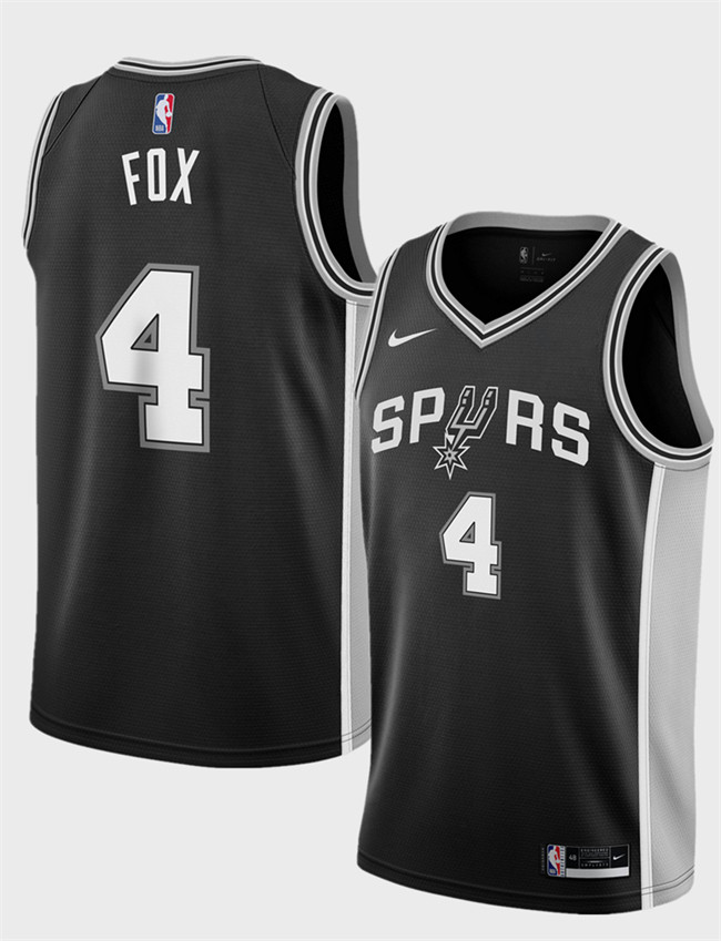 Men's San Antonio Spurs #4 De'Aaron Fox Black 2024-25 Icon Edition Stitched Basketball Jersey Men's San Antonio Spurs #4 De'Aaron Fox Black 2024-25 Icon Edition Stitched Basketball Jersey