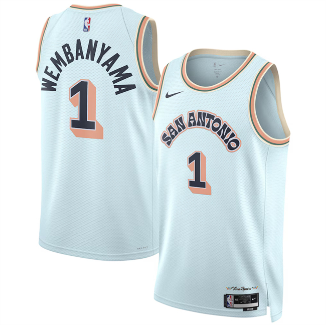 Men's San Antonio Spurs #1 Victor Wembanyama Light Blue 2024 25 City Edition Stitched Basketball Jersey Men's San Antonio Spurs #1 Victor Wembanyama Light Blue 2024 25 City Edition Stitched Basketball Jersey