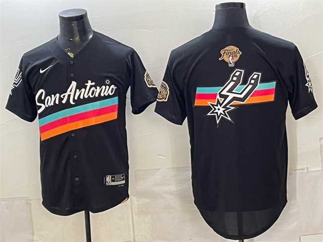 Men's San Antonio Spurs Team Big Logo Black 2026 Finals Patch City Edition Stitched Baseball Jersey Men's San Antonio Spurs Team Big Logo Black 2026 Finals Patch City Edition Stitched Baseball Jersey