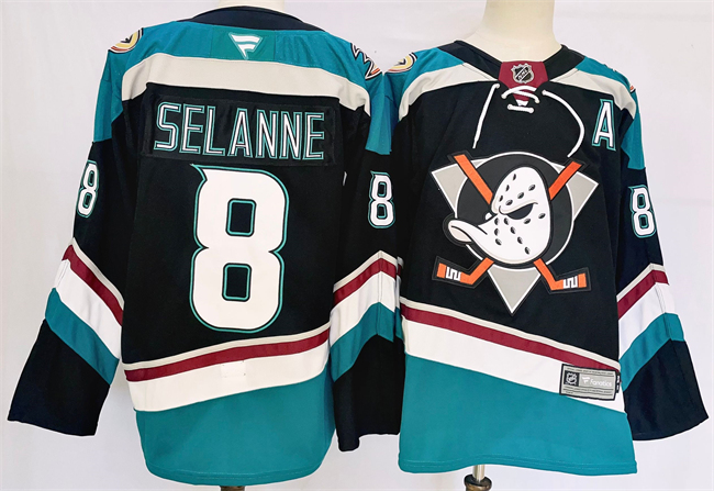 Men's Anaheim Ducks #8 Teemu Selanne Black Teal 2024-25 Stitched Jersey Men's Anaheim Ducks #8 Teemu Selanne Black Teal 2024-25 Stitched Jersey
