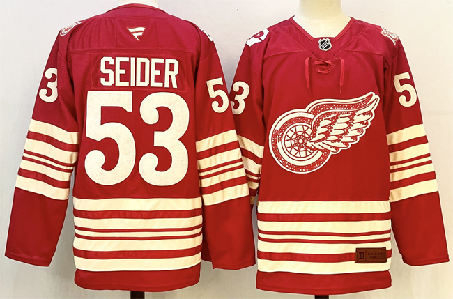 Men's Detroit Red Wings #53 Moritz Seider Red 2025-26 Centennial Premium Stitched Hockey Jersey Men's Detroit Red Wings #53 Moritz Seider Red 2025-26 Centennial Premium Stitched Hockey Jersey
