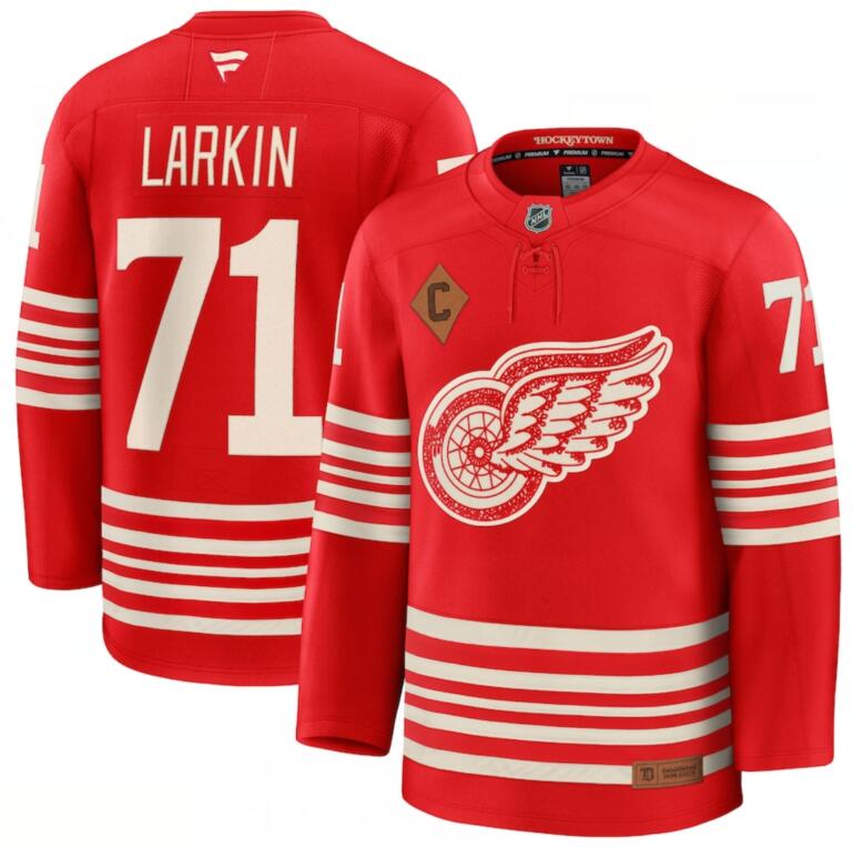 Men's Detroit Red Wings #71 Dylan Larkin Red 2025 With C Patch Centennial Premium Stitched Hockey Jersey Men's Detroit Red Wings #71 Dylan Larkin Red 2025 With C Patch Centennial Premium Stitched Hockey Jersey