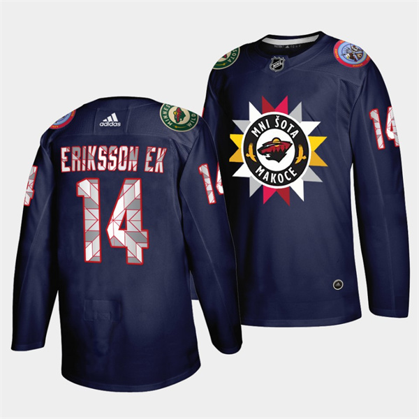 Men's Minnesota Wild #14 Joel Eriksson Ek 2021 22 Navy Native American Heritage Day Stitched Jersey Men's Minnesota Wild #14 Joel Eriksson Ek 2021 22 Navy Native American Heritage Day Stitched Jersey