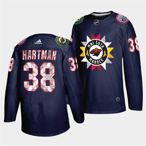 Men's Minnesota Wild #38 Ryan Hartman 2021 22 Navy Native American Heritage Day Stitched Jersey Men's Minnesota Wild #38 Ryan Hartman 2021 22 Navy Native American Heritage Day Stitched Jersey