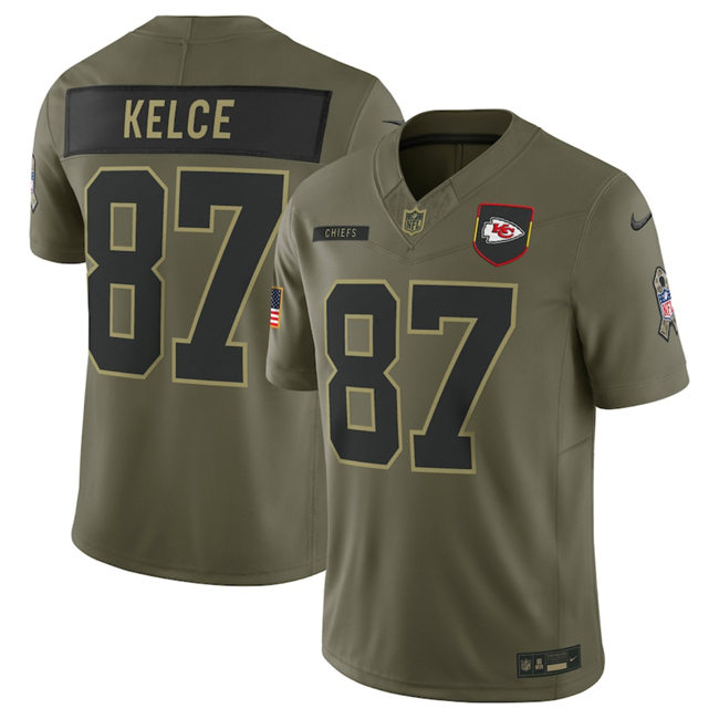 Men's Kansas City Chiefs #87 Travis Kelce Olive 2025 Salute to Service Limited Stitched Football Jersey Men's Kansas City Chiefs #87 Travis Kelce Olive 2025 Salute to Service Limited Stitched Football Jersey