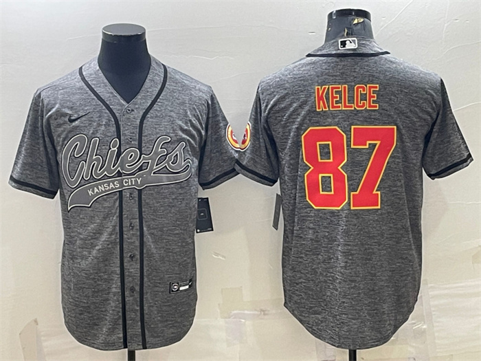 Men's Kansas City Chiefs #87 Travis Kelce Grey With Patch Cool Base Stitched Baseball Jersey Men's Kansas City Chiefs #87 Travis Kelce Grey With Patch Cool Base Stitched Baseball Jersey