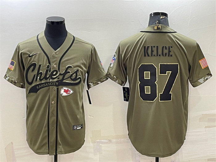 Men's Kansas City Chiefs #87 Travis Kelce 2022 Olive Salute To Service Cool Base Stitched Baseball Jersey Men's Kansas City Chiefs #87 Travis Kelce 2022 Olive Salute To Service Cool Base Stitched Baseball Jersey