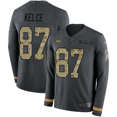 Nike Chiefs #87 Travis Kelce Anthracite Salute to Service Men's Stitched NFL Limited Therma Long Sleeve Jersey Nike Chiefs #87 Travis Kelce Anthracite Salute to Service Men's Stitched NFL Limited Therma Long Sleeve Jersey