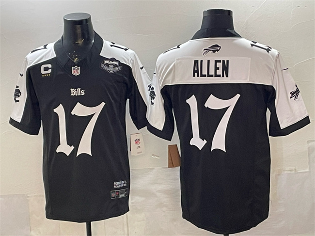 Men's Buffalo Bills #17 Josh Allen Black White 2025 F.U.S.E. 'Gothic Cold Front Edition' With Farewell Patch & 4-Star C Patch Vapor Limited Stitched Football Jersey Men's Buffalo Bills #17 Josh Allen Black White 2025 F.U.S.E. 'Gothic Cold Front Edition' With Farewell Patch & 4-Star C Patch Vapor Limited Stitched Football Jersey
