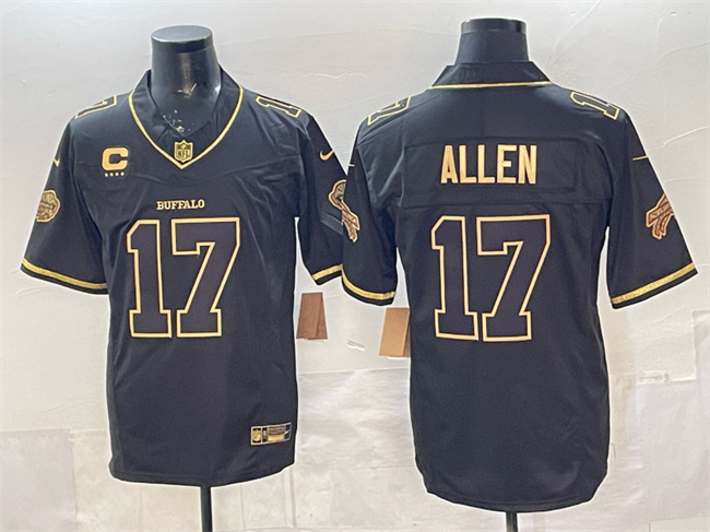 Men's Buffalo Bills #17 Josh Allen Black Gold 2025 F.U.S.E. “Rivalries” With 4-Star C Patch Vapor Limited Stitched Football Jersey Men's Buffalo Bills #17 Josh Allen Black Gold 2025 F.U.S.E. “Rivalries” With 4-Star C Patch Vapor Limited Stitched Football Jersey